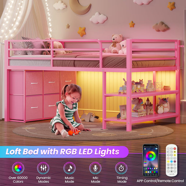 Twin Low Loft Bed with LED Lights & Storage Drawers
