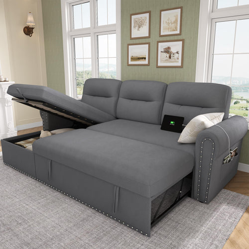 87" Sectional Sleeper Sofa with Storage Chaise & USB Charging