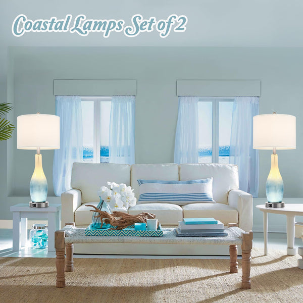 26in Tall Glass Table Lamps Set of 2 with USB Ports & LED Nightlight