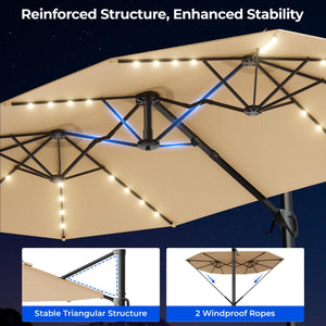 15FT Rectangular Cantilever Patio Umbrella with Solar LED Lights & Weighted Base