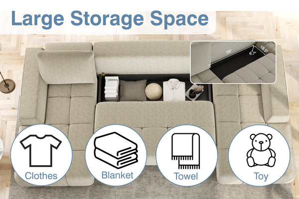 L-Shaped Sectional Sleeper Sofa with Storage & Pull-Out Bed