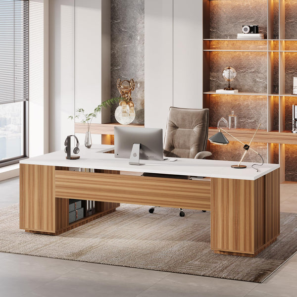 L-Shaped Executive Desk with File Drawers & Cabinet