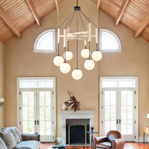 Wood & Glass Farmhouse Chandelier – 7-Light Dining Room Pendant