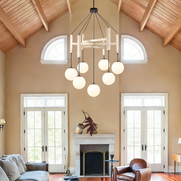 Wood & Glass Farmhouse Chandelier – 7-Light Dining Room Pendant