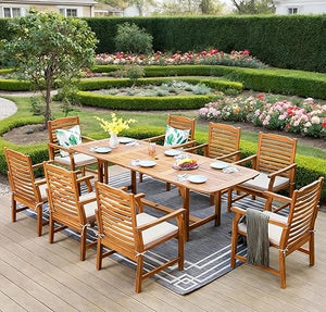 Extendable Acacia Wood Outdoor Dining Set with Cushioned Chairs