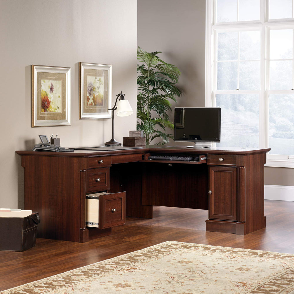 L-Shaped Executive Desk with File Cabinet & Keyboard Tray