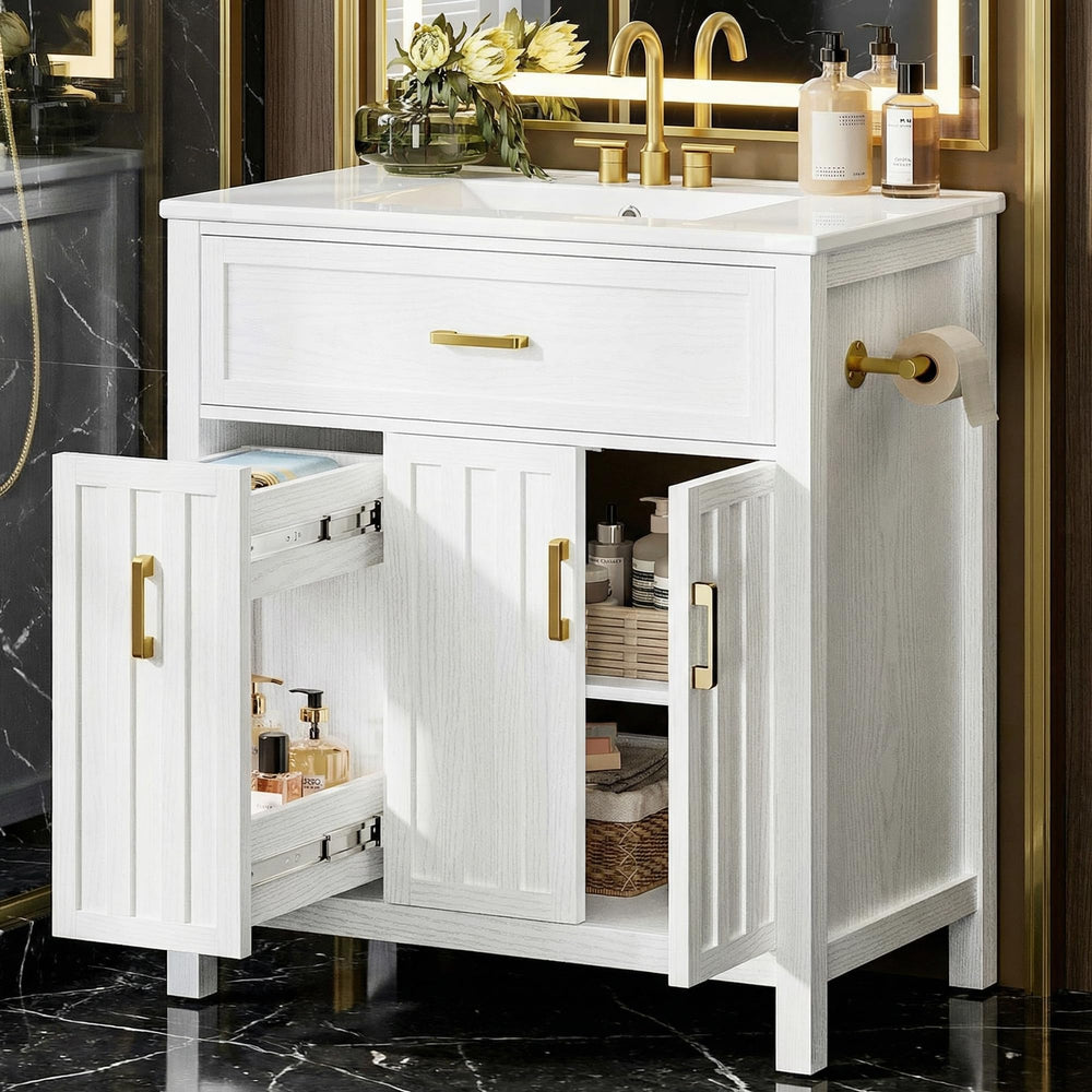 30" Bathroom Vanity with Ceramic Sink, Soft-Close Drawers & Towel Bar – White