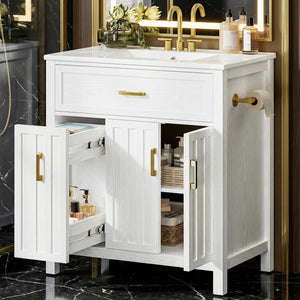 30" Bathroom Vanity with Ceramic Sink, Soft-Close Drawers & Towel Bar – White