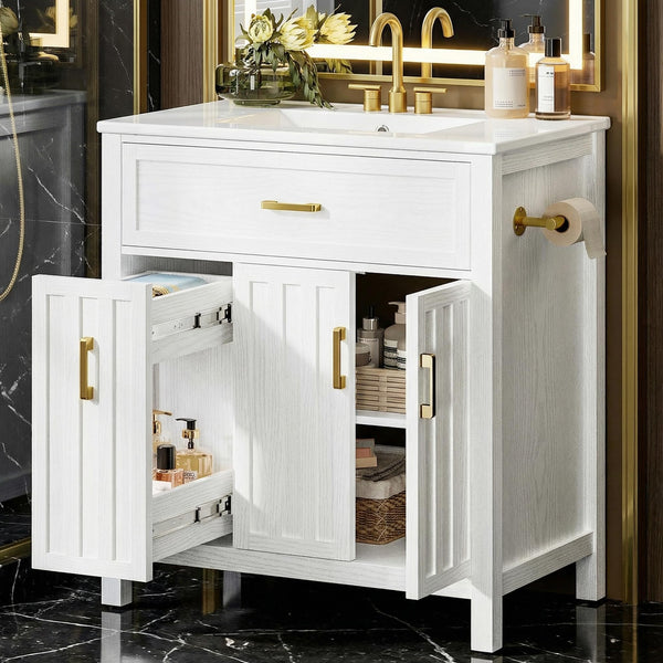 30" Bathroom Vanity with Ceramic Sink, Soft-Close Drawers & Towel Bar – White