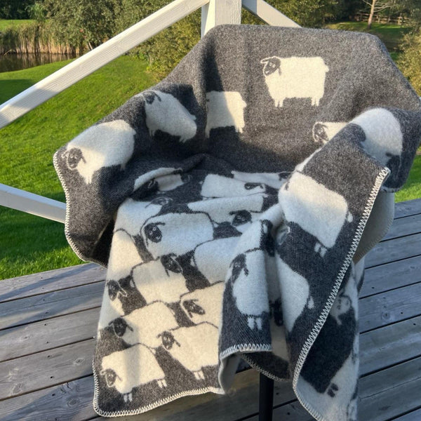 Wool Cotton Throw Blanket Reversible Sheep Print Farmhouse