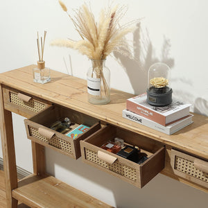 Farmhouse Console Table with Rattan Drawers & Open Shelf