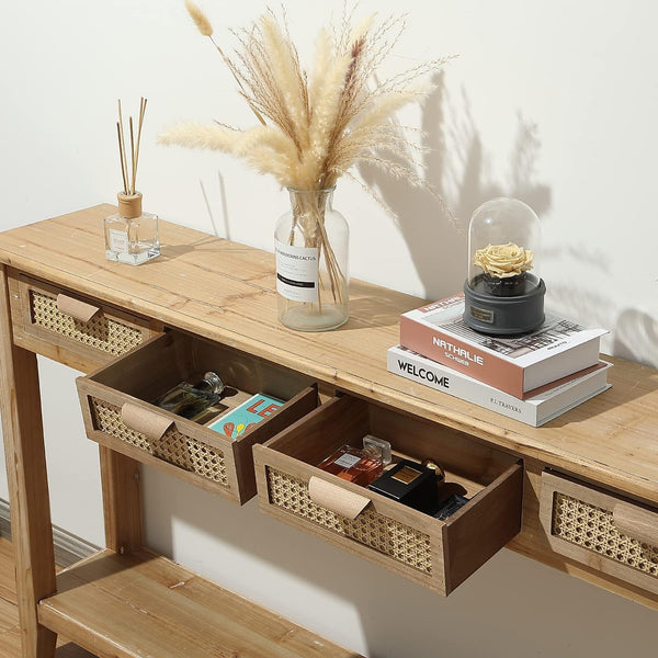 Farmhouse Console Table with Rattan Drawers & Open Shelf