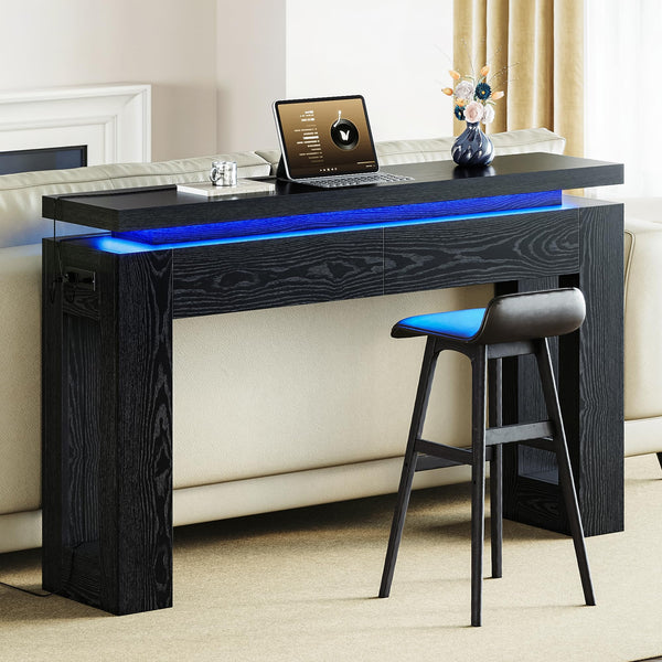 Console Table with LED Lights, Charging Station & Storage Drawers