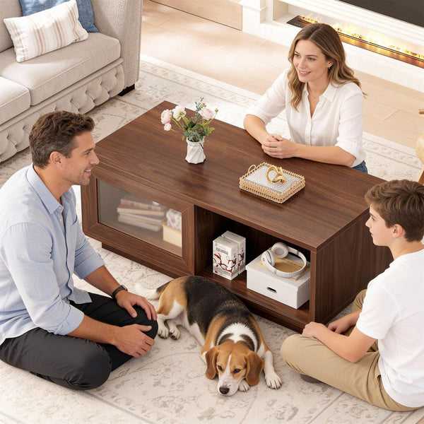 Coffee Table with Sliding Doors & Open Storage Shelf