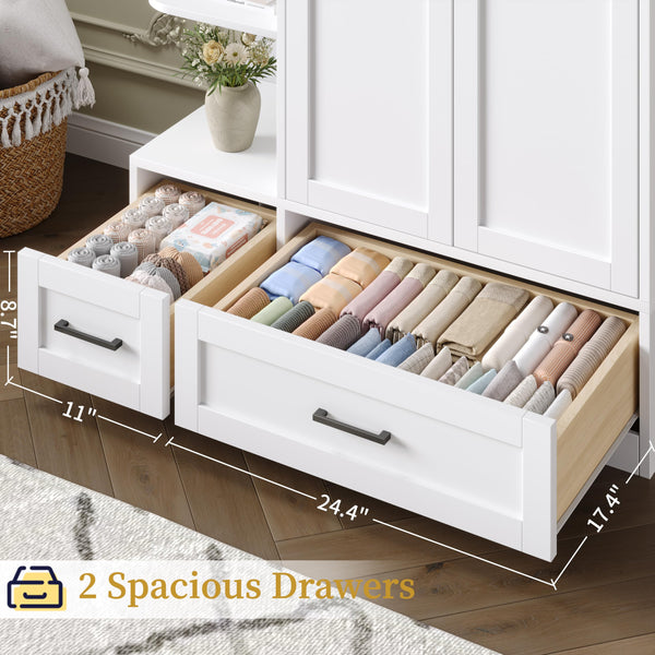 Double Door Wardrobe Closet with Drawers & Open Shelves