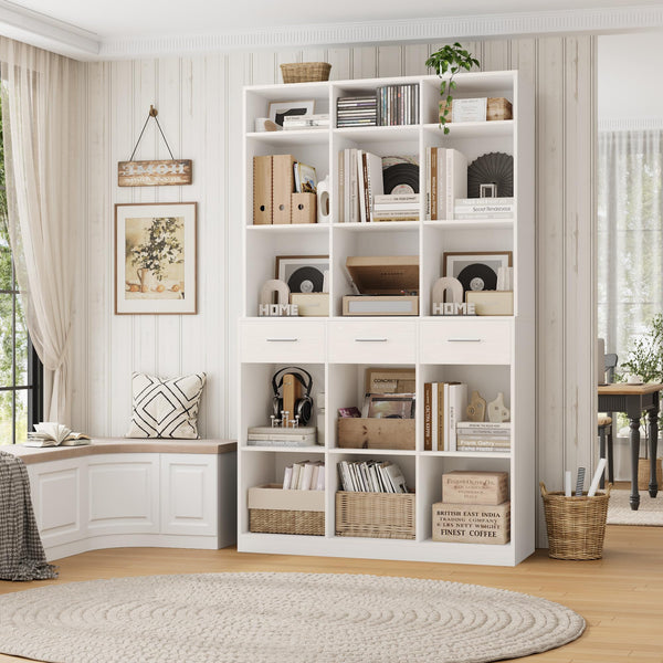 Tall Bookcase with Drawers & Adjustable Shelves – 9-Tier Wide Storage Cabinet