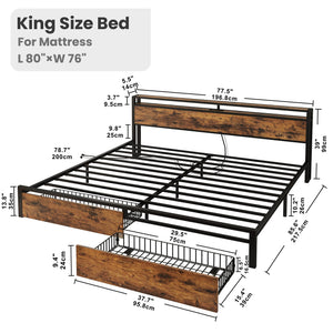 King Bed Frame with Storage Headboard, 2 Drawers & Charging Station