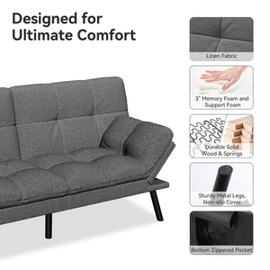 Convertible Futon Sofa Bed – Light Grey Linen