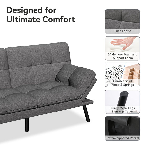 Convertible Futon Sofa Bed – Light Grey Linen