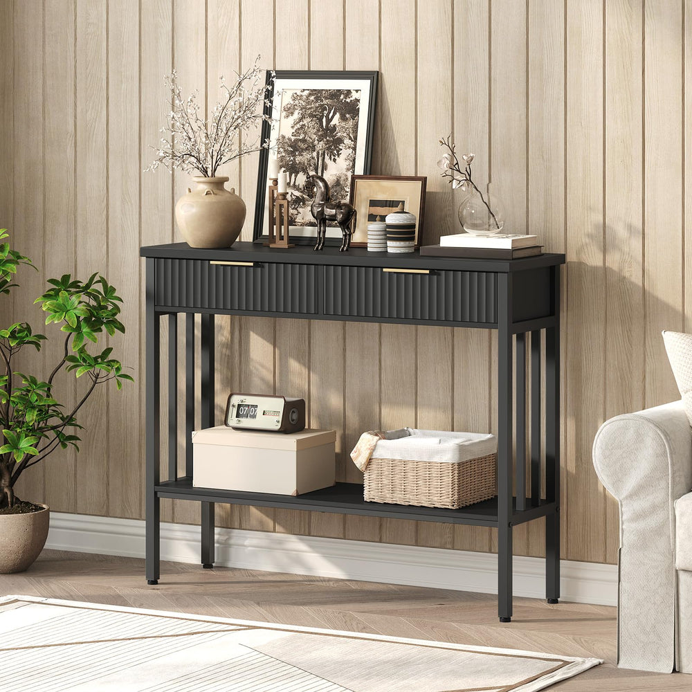Narrow Fluted Console Table with 2 Drawers & Storage Shelf – Black Entryway Table