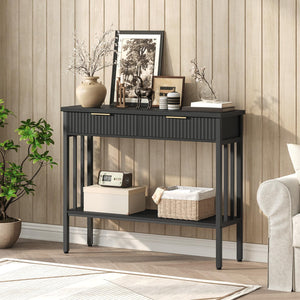 Narrow Fluted Console Table with 2 Drawers & Storage Shelf – Black Entryway Table