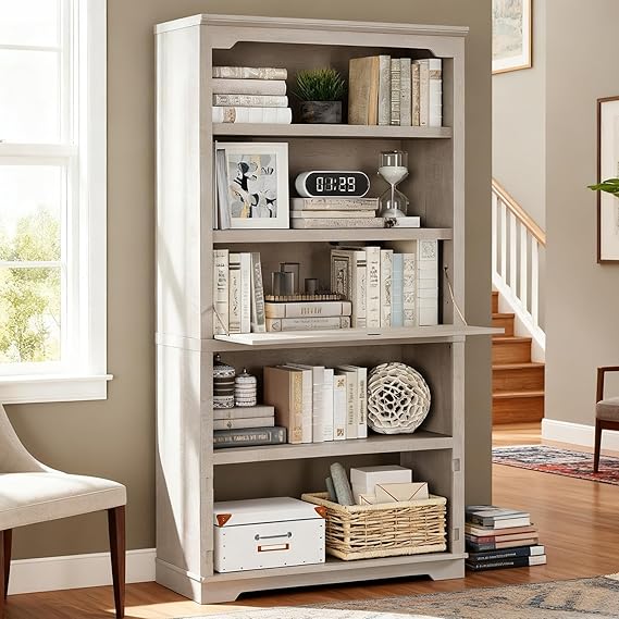 71-Inch 5-Tier Bookcase with Flip-Down Door, 37" Wide