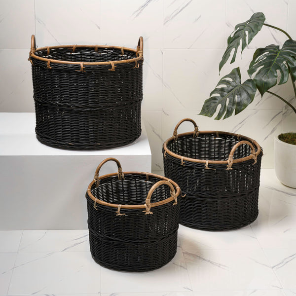 Handwoven Rattan Nesting Storage Baskets with Handles — Set of 3