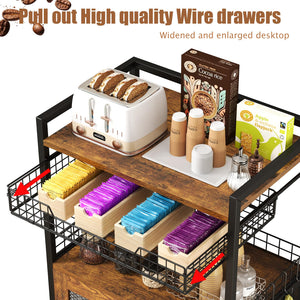 3-Tier Coffee Bar Cabinet with Wheels & Wire Basket Drawer