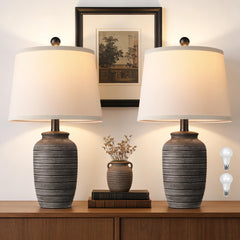 Vintage Ceramic Table Lamp Set of 2 with Linen Shade – 21" Bedside Lamp for Bedroom, Living Room & Nightstand