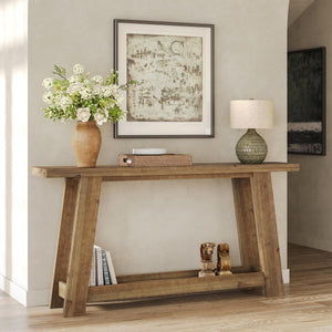 63-Inch Solid Wood Farmhouse Console Table with 2-Tier Shelf
