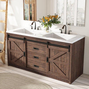 60" Farmhouse Bathroom Double Vanity with Integrated Sink & Sliding Barn Door