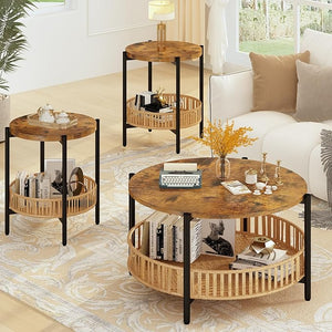 Oval Coffee Table Set of 2 - Faux Marble & Tempered Glass Top
