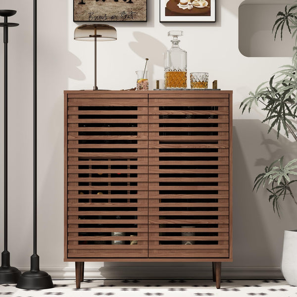 Mid-Century Bar Cabinet with Wine Rack & Slatted Doors