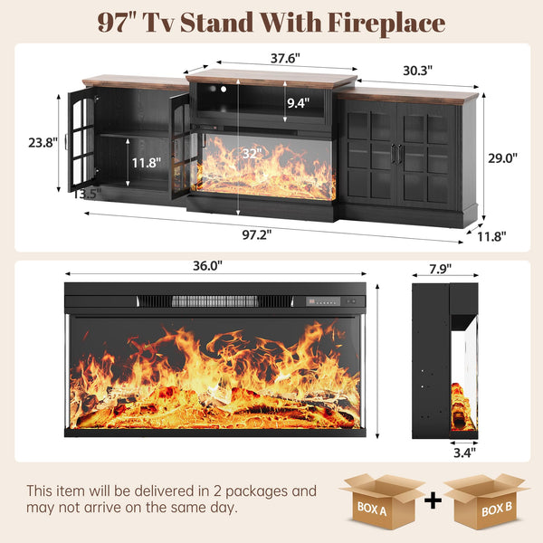 97" Fireplace TV Stand with 36" 3-Sided Glass Electric Fireplace