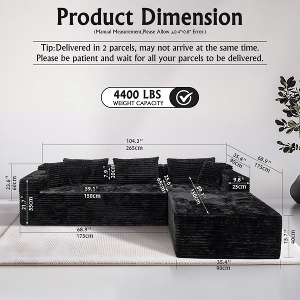 104" L-Shape Sectional Sofa with Chaise – Corduroy, No Assembly
