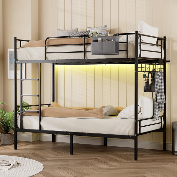 Twin Over Twin Metal Bunk Bed with USB Charging, LED Lights & Storage