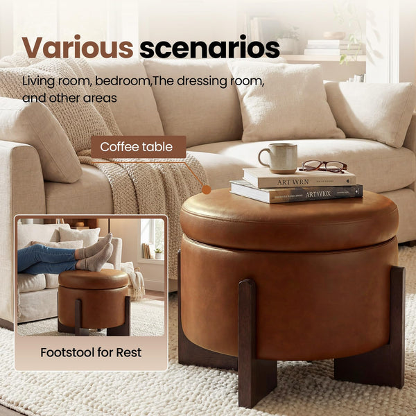 Divanus Faux Leather Round Ottoman, 22 Inch Storage Ottoman,Multi-Functional Footrest for Living Room & Bedroom,Apartments (Brown, Round)