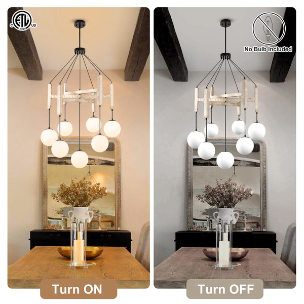 Wood & Glass Farmhouse Chandelier – 7-Light Dining Room Pendant