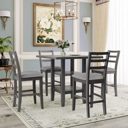 5-Piece Counter Height Dining Set with Storage Shelves and Padded Chairs