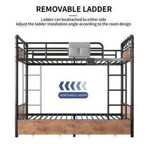Twin Over Twin Metal Bunk Bed with LED Lights, Storage Drawers & USB Charging