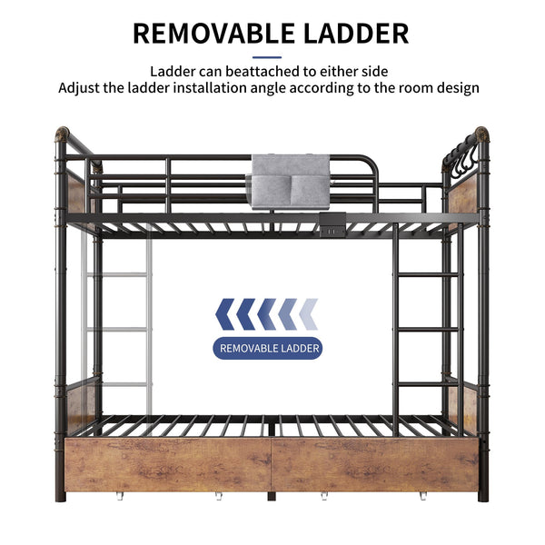 Twin Over Twin Metal Bunk Bed with LED Lights, Storage Drawers & USB Charging