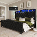 Upholstered Wingback Bed Frame with LED Lights & Storage