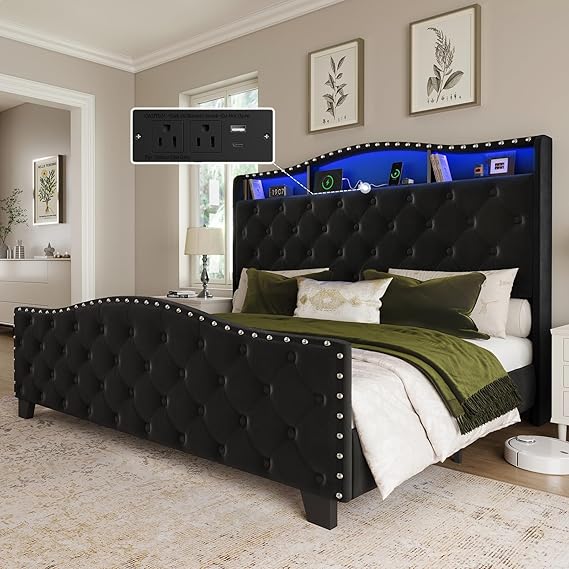 Upholstered Wingback Bed Frame with LED Lights & Storage