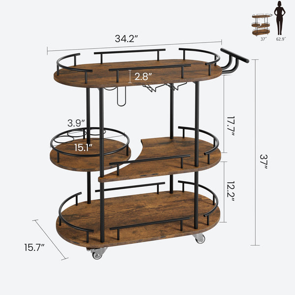 3-Tier Metal Bar Cart with Wine Rack & Glass Holder