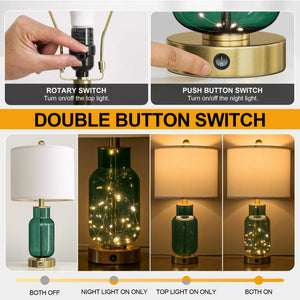 22" Glass Table Lamps Set of 2 with LED Night Light & USB Ports