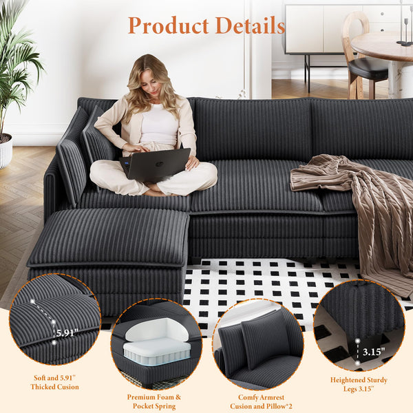 109" L-Shaped Corduroy Sectional Sofa with Ottoman