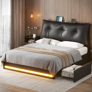 Full Size Platform Bed Frame with Storage Drawers, LED Lighting & Charging Station