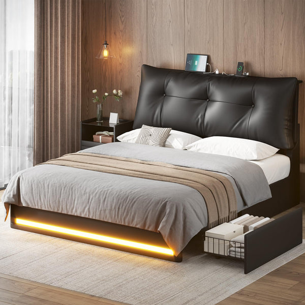 Full Size Platform Bed Frame with Storage Drawers, LED Lighting & Charging Station