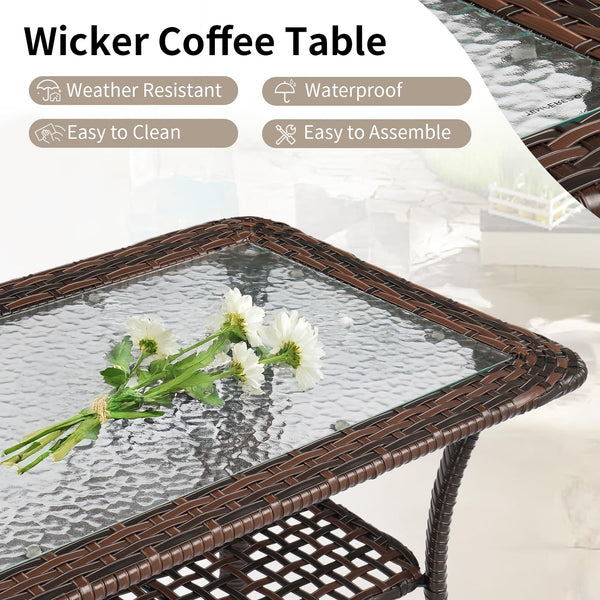 Outdoor Wicker Coffee Table with Storage & Tempered Glass Top