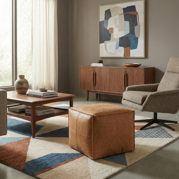 Square Pouf Ottoman – 18" x 14" Vegan Leather, Distressed Brown